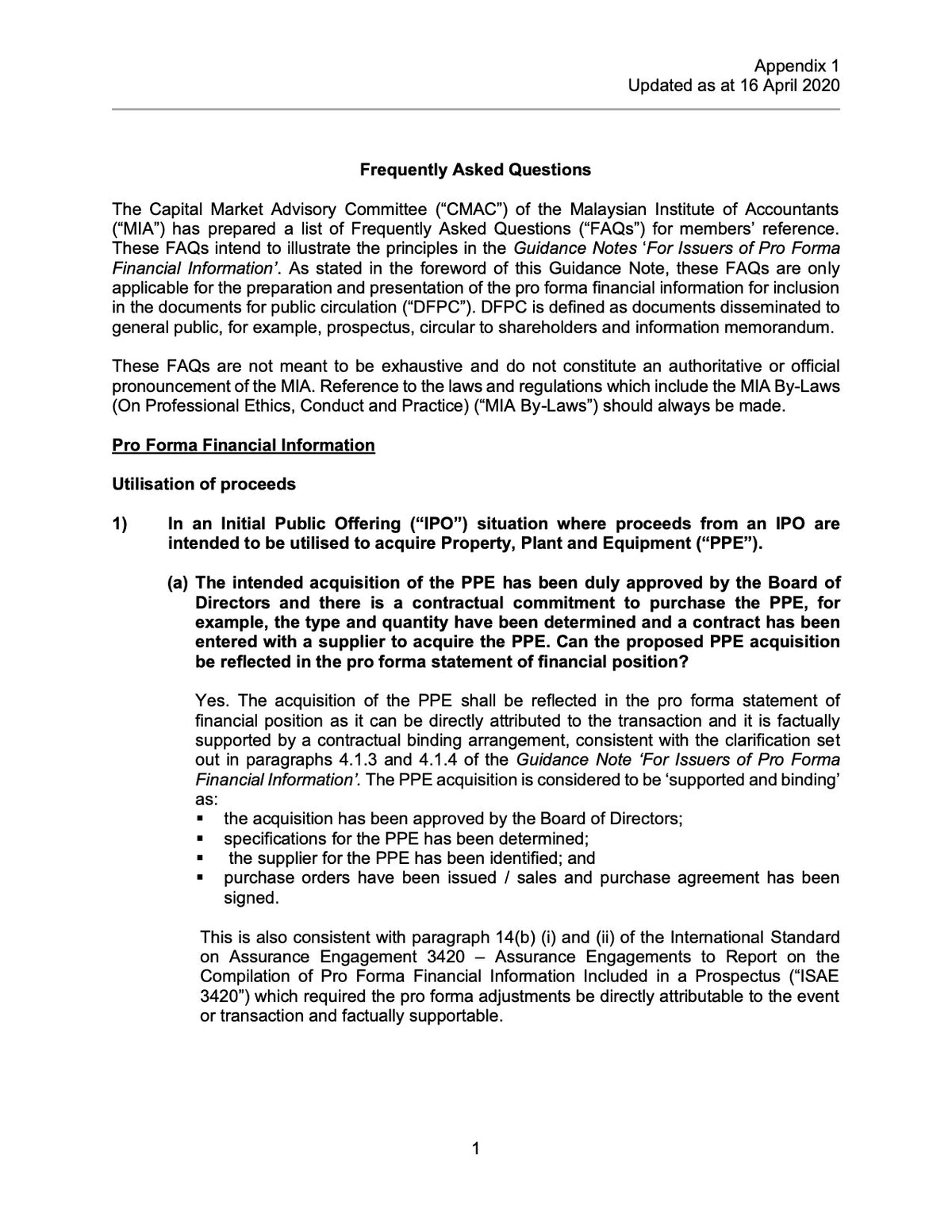 Appendix 1 - FAQs For Issuers of Pro Forma Financial Information (1 Jun 2020)