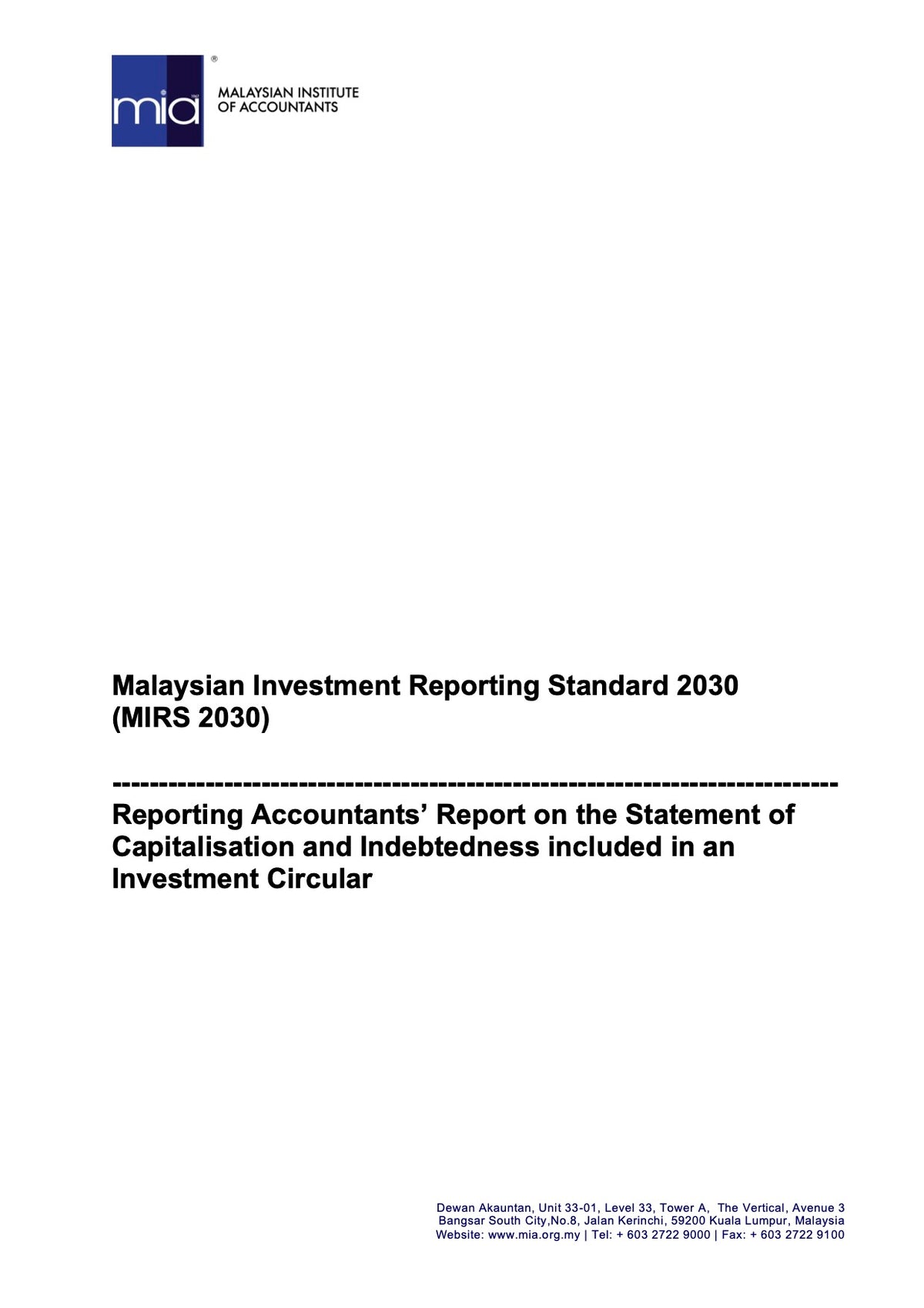 Malaysian Investment Reporting Standard 2030 (MIRS 2030) - 28 Dec 2021